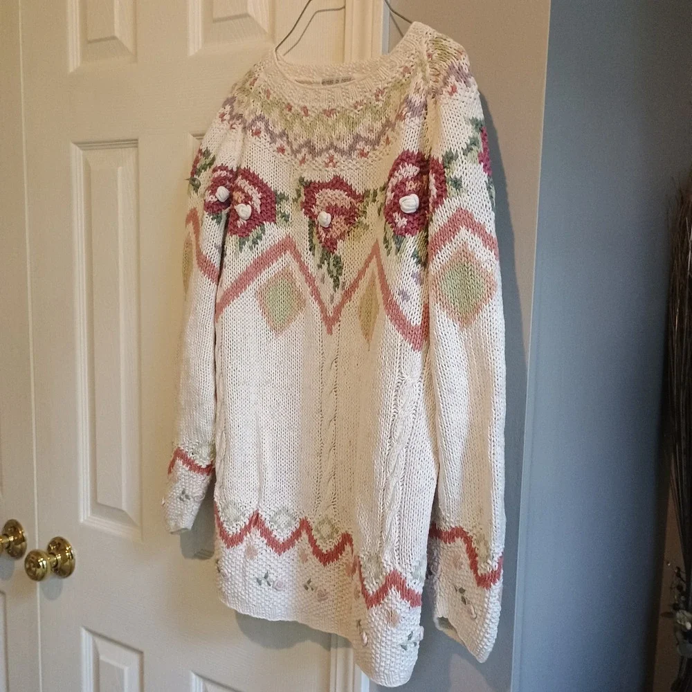 Vintage Jennifer Reed Cottagecore Grandpa Sweater Embroidered Chunky L Hong Kong - Picture 9 of 12
